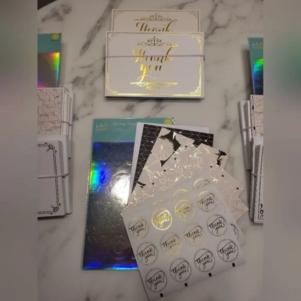 New elegant simple 28 Pc Set Gold White cream Thank You Card Envelope Stickers
